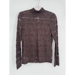Loft Womens Brown Sheer‎ Blouse Sz M Lace Mock Neck Long Sleeve Keyhole Back